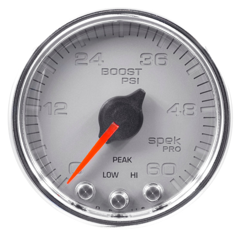 Autometer Spek-Pro Gauge Boost 2 1/16in 60psi Stepper Motor W/Peak & Warn  Slvr/Chrm